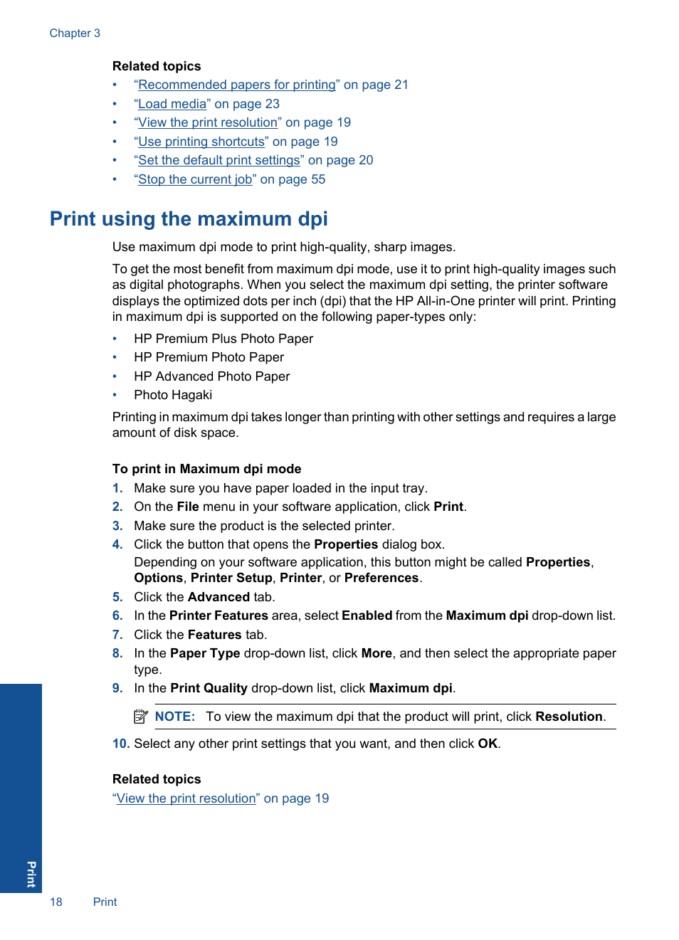 Print, Print using the maximum dpi | HP Deskjet F2430 All-in-One Printer User Manual | Page 21 / 69