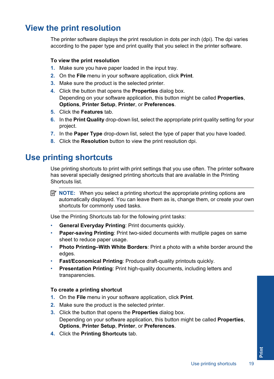 View the print resolution, Use printing shortcuts | HP Deskjet F2430 All-in-One Printer User Manual | Page 22 / 69