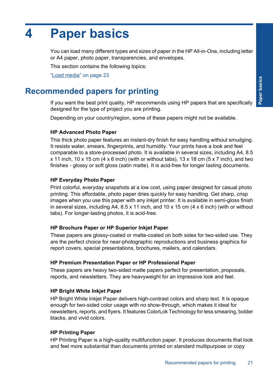 4paper basics, Recommended papers for printing | HP Deskjet F2430 All-in-One Printer User Manual | Page 24 / 69