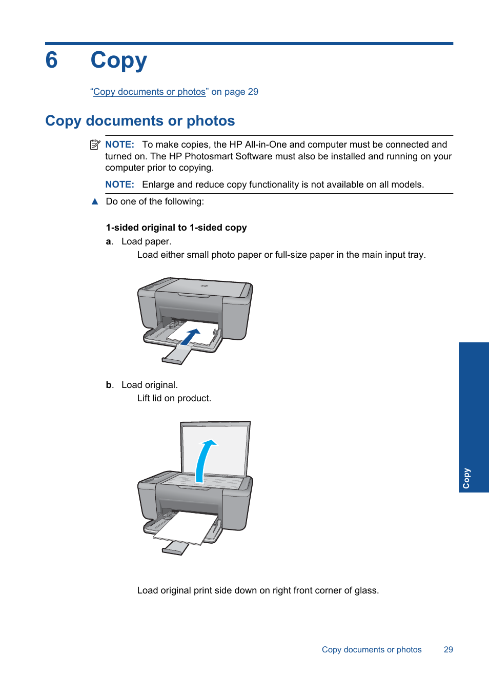 Copy, Copy documents or photos, 6 copy | 6copy | HP Deskjet F2430 All-in-One Printer User Manual | Page 32 / 69