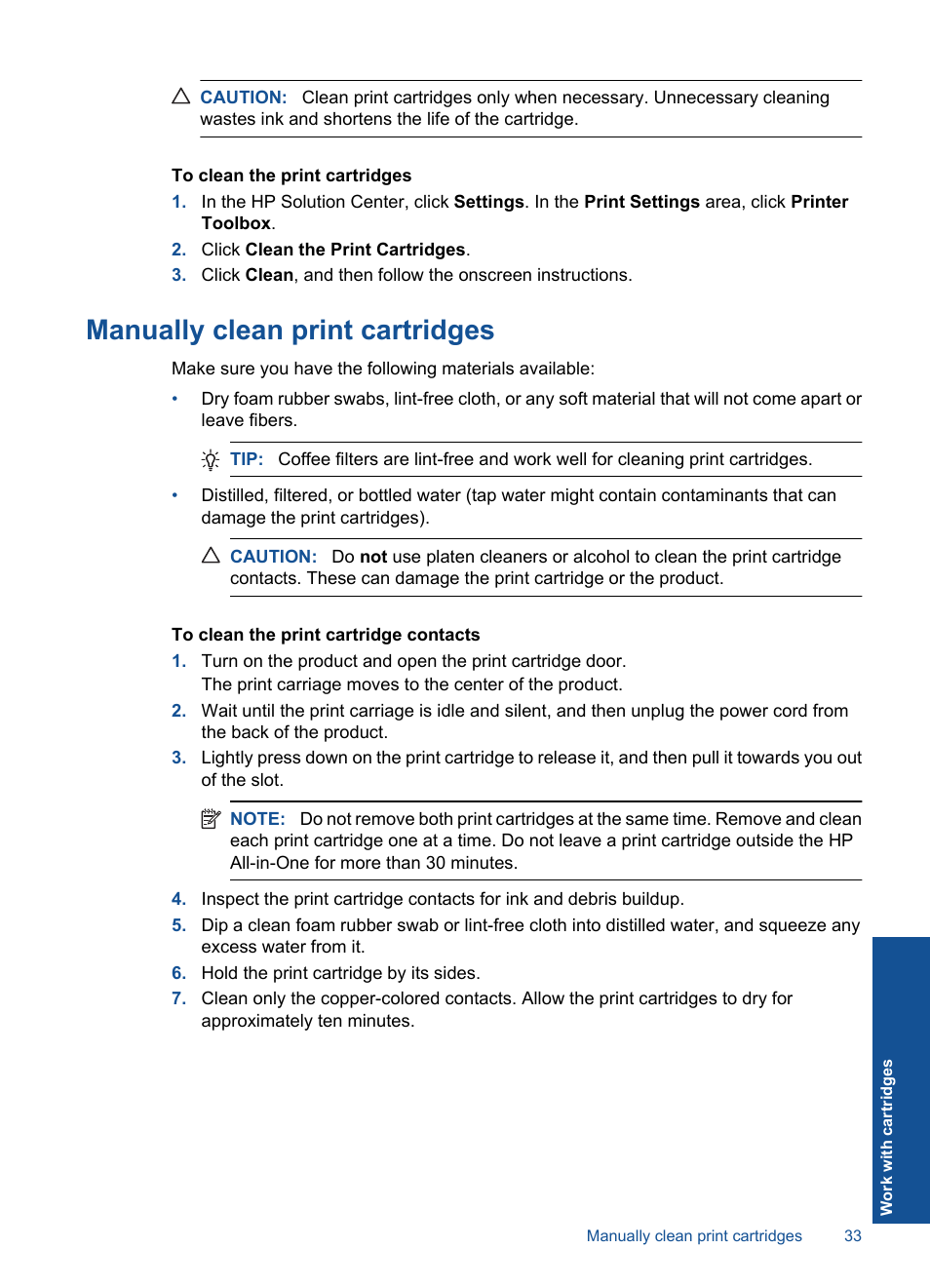 Manually clean print cartridges | HP Deskjet F2430 All-in-One Printer User Manual | Page 36 / 69