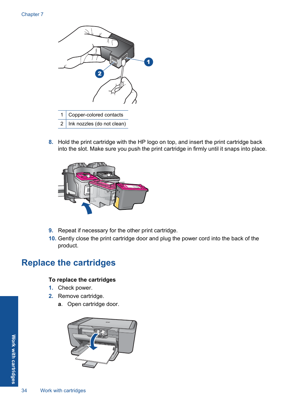 Replace the cartridges | HP Deskjet F2430 All-in-One Printer User Manual | Page 37 / 69