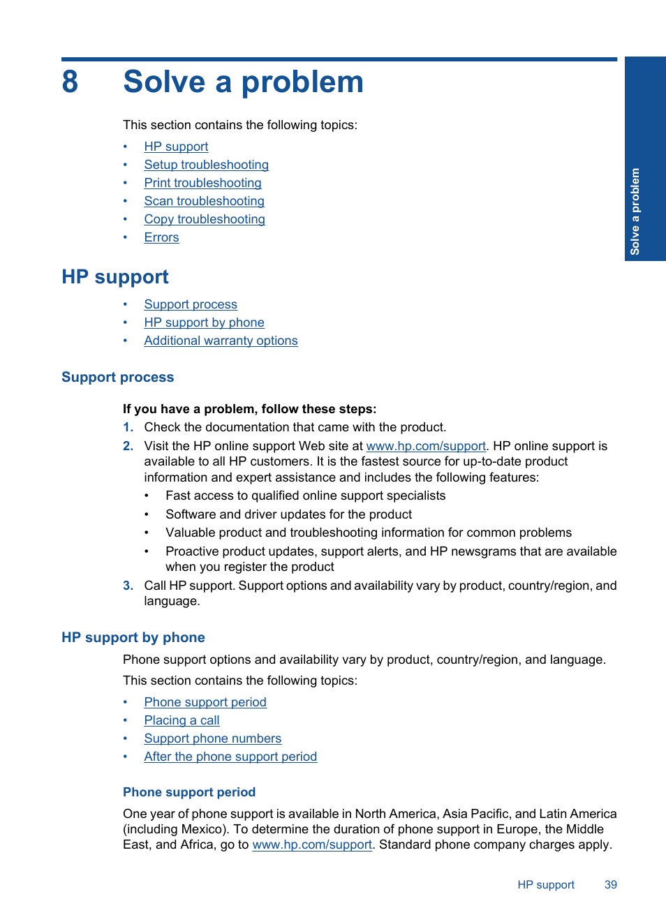 Solve a problem, Hp support, Support process | Hp support by phone, Phone support period, 8 solve a problem, 8solve a problem | HP Deskjet F2430 All-in-One Printer User Manual | Page 42 / 69