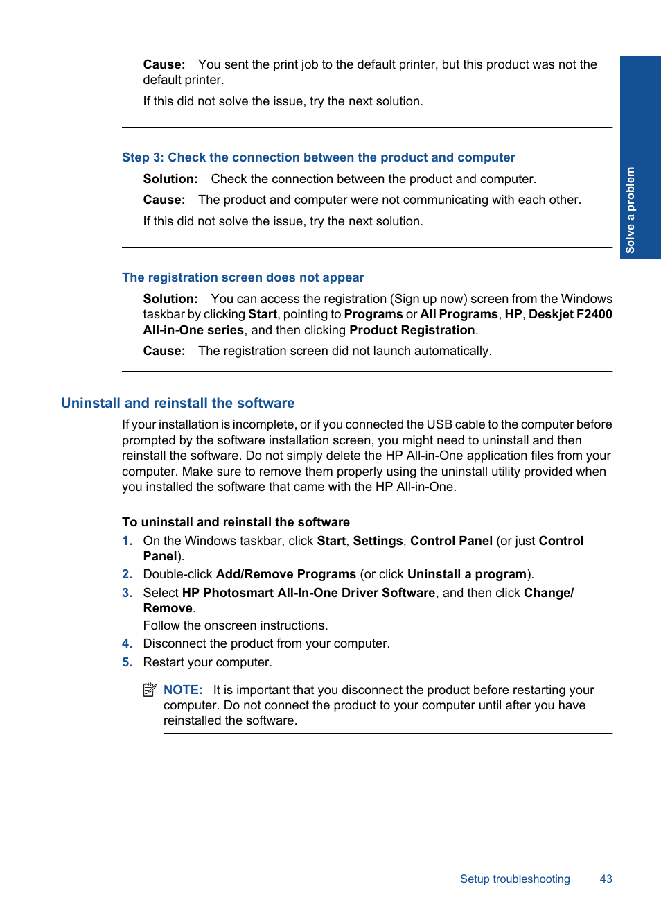 Uninstall and reinstall the software, The registration screen does not appear | HP Deskjet F2430 All-in-One Printer User Manual | Page 46 / 69