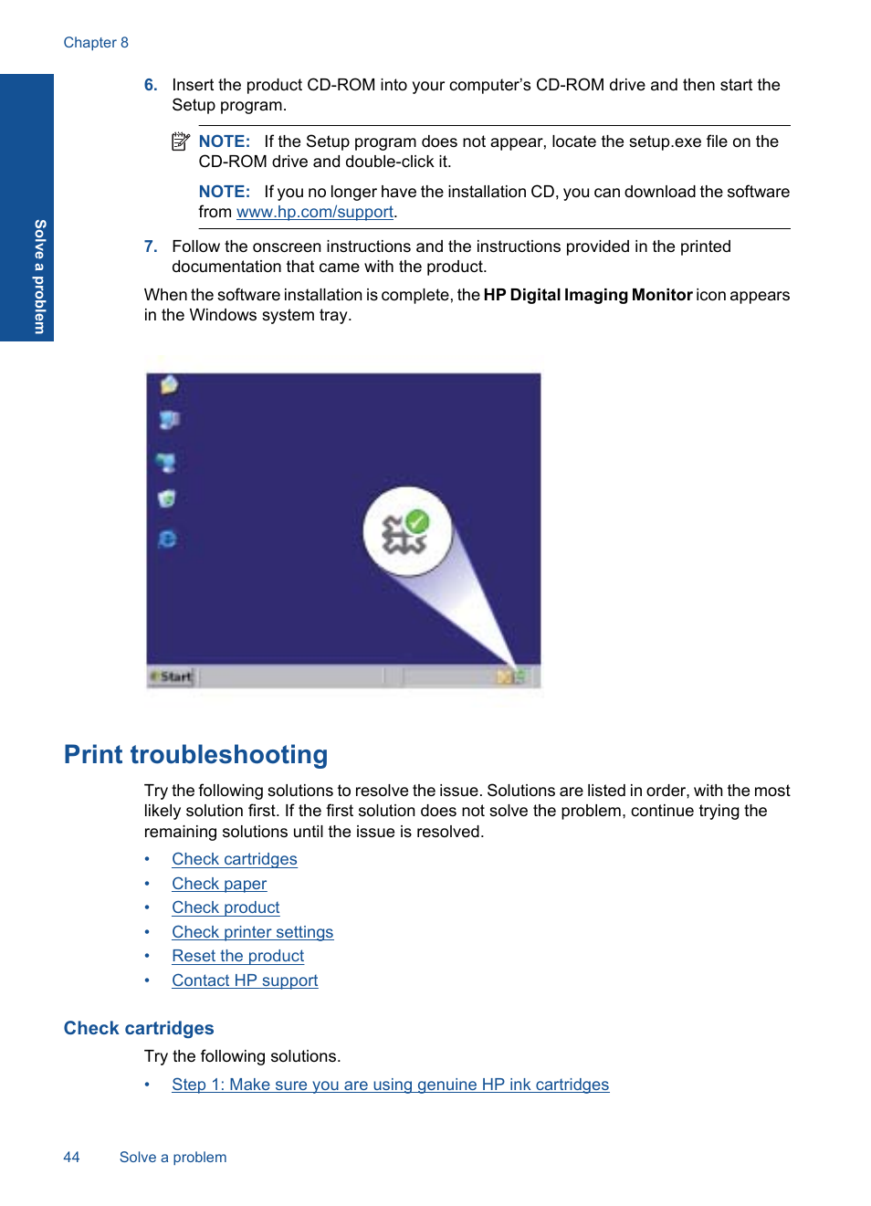 Print troubleshooting, Check cartridges | HP Deskjet F2430 All-in-One Printer User Manual | Page 47 / 69