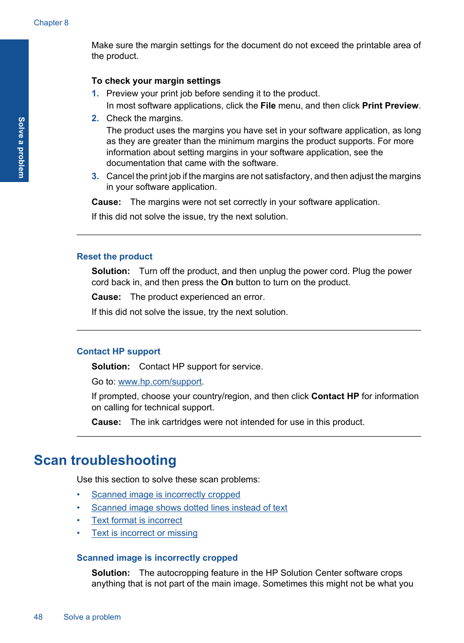 Scan troubleshooting, Reset the product, Contact hp support | HP Deskjet F2430 All-in-One Printer User Manual | Page 51 / 69