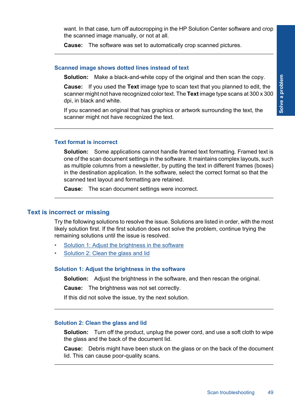 Text is incorrect or missing, Scanned image shows dotted lines instead of text, Text format is incorrect | HP Deskjet F2430 All-in-One Printer User Manual | Page 52 / 69