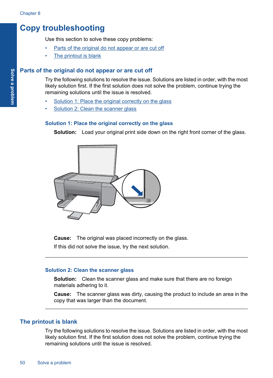 Copy troubleshooting, Parts of the original do not appear or are cut off, The printout is blank | HP Deskjet F2430 All-in-One Printer User Manual | Page 53 / 69