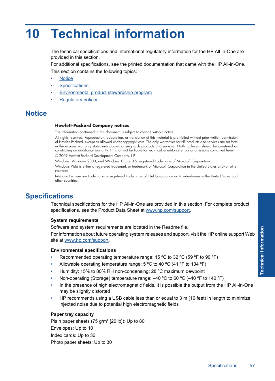 Technical information, Notice, Specifications | 10 technical information, Notice specifications | HP Deskjet F2430 All-in-One Printer User Manual | Page 60 / 69