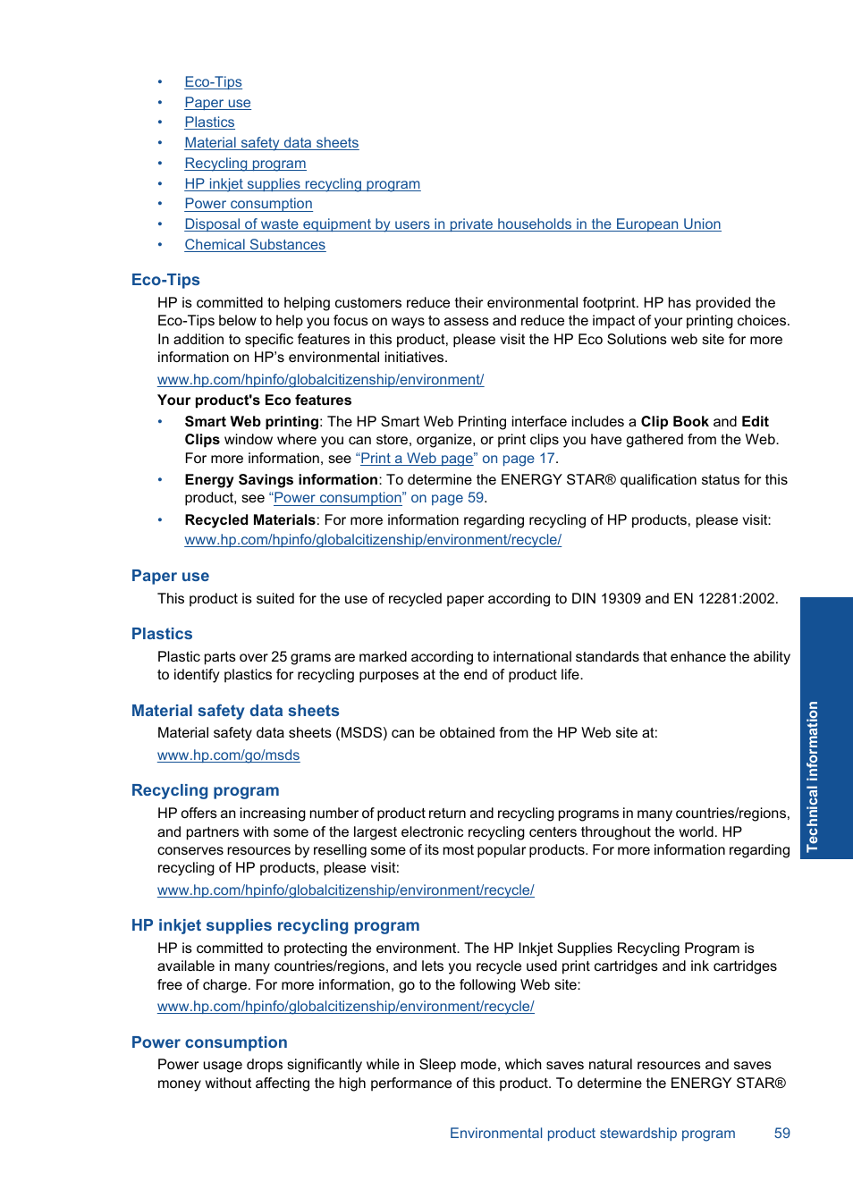 Eco-tips, Paper use, Plastics | Material safety data sheets, Recycling program, Hp inkjet supplies recycling program, Power consumption | HP Deskjet F2430 All-in-One Printer User Manual | Page 62 / 69