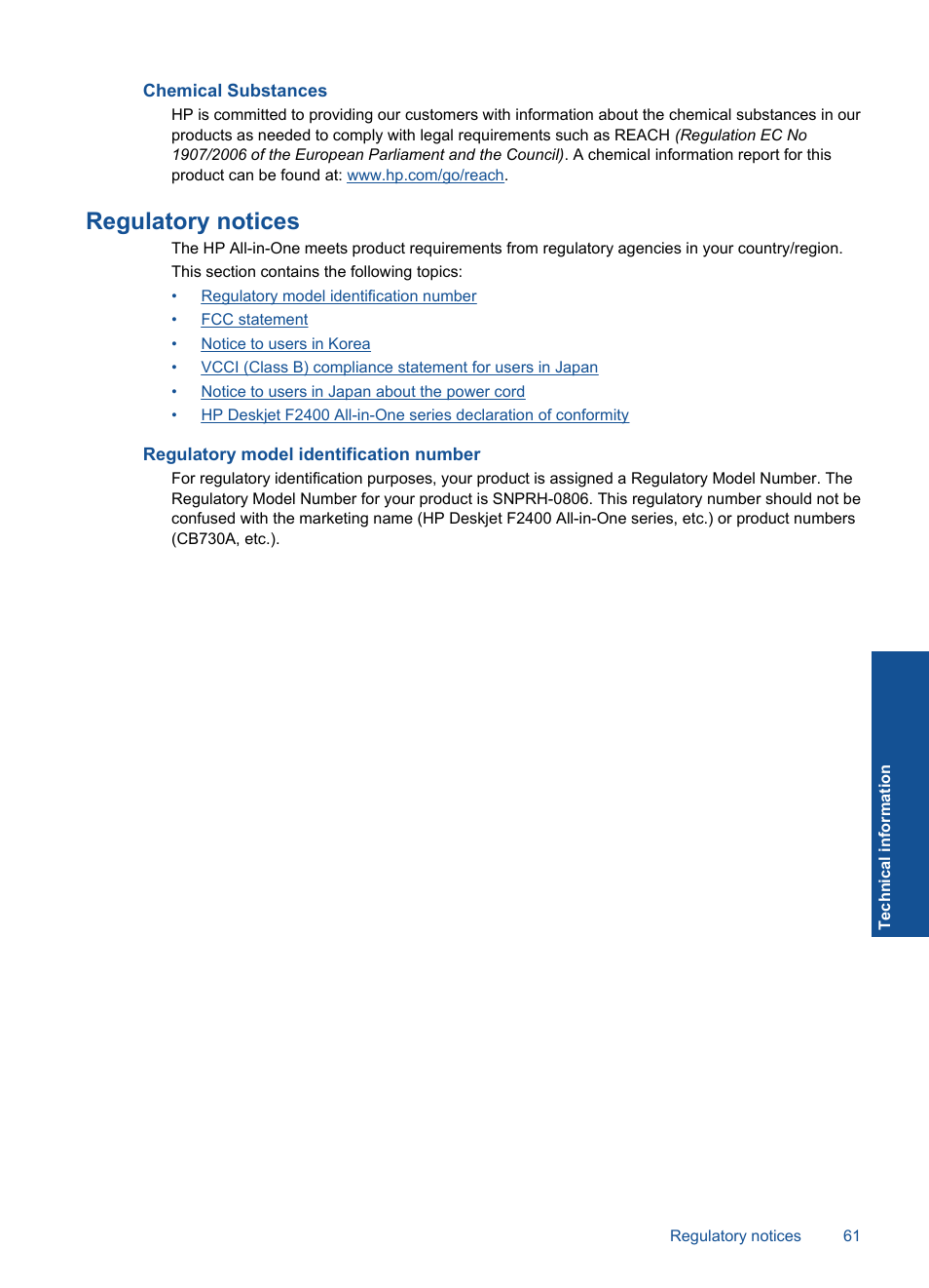 Chemical substances, Regulatory notices, Regulatory model identification number | HP Deskjet F2430 All-in-One Printer User Manual | Page 64 / 69