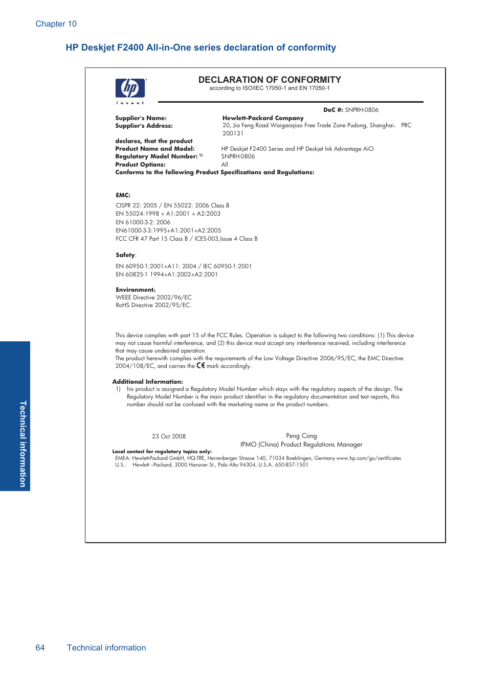 Declaration of conformity | HP Deskjet F2430 All-in-One Printer User Manual | Page 67 / 69