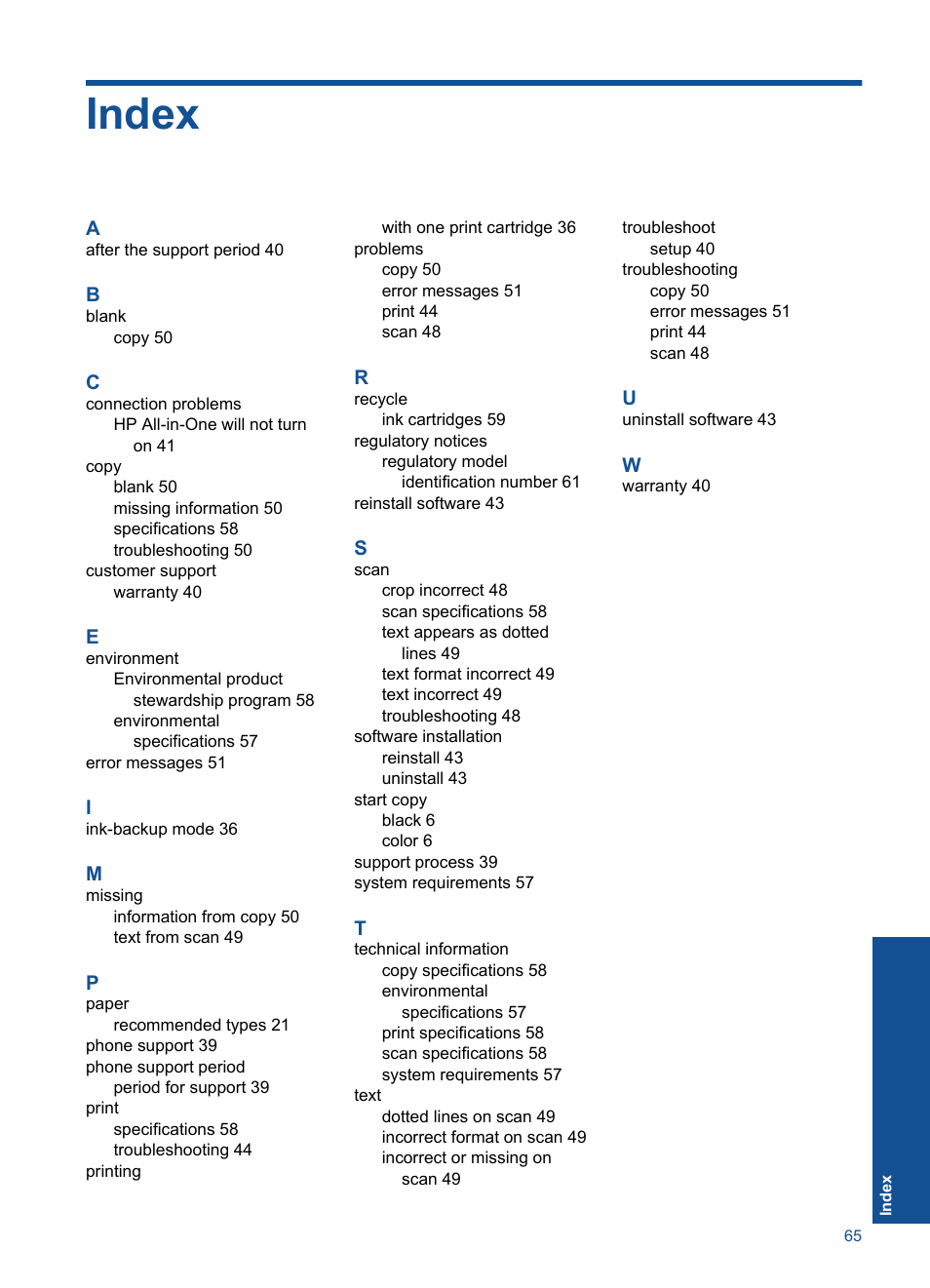 Index | HP Deskjet F2430 All-in-One Printer User Manual | Page 68 / 69