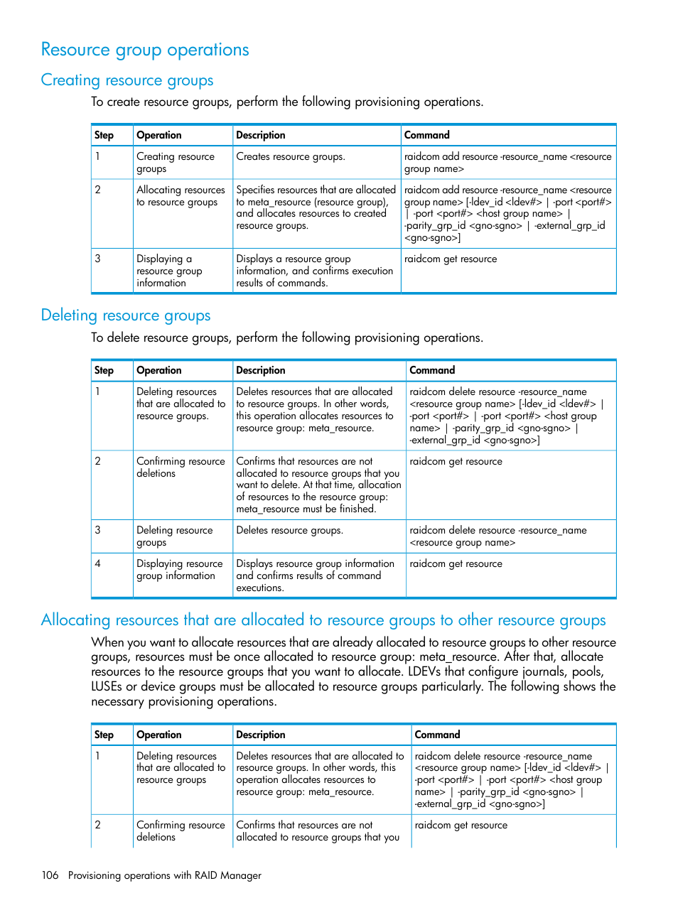 Resource group operations, Creating resource groups, Deleting resource groups | HP XP P9500 Storage User Manual | Page 106 / 211