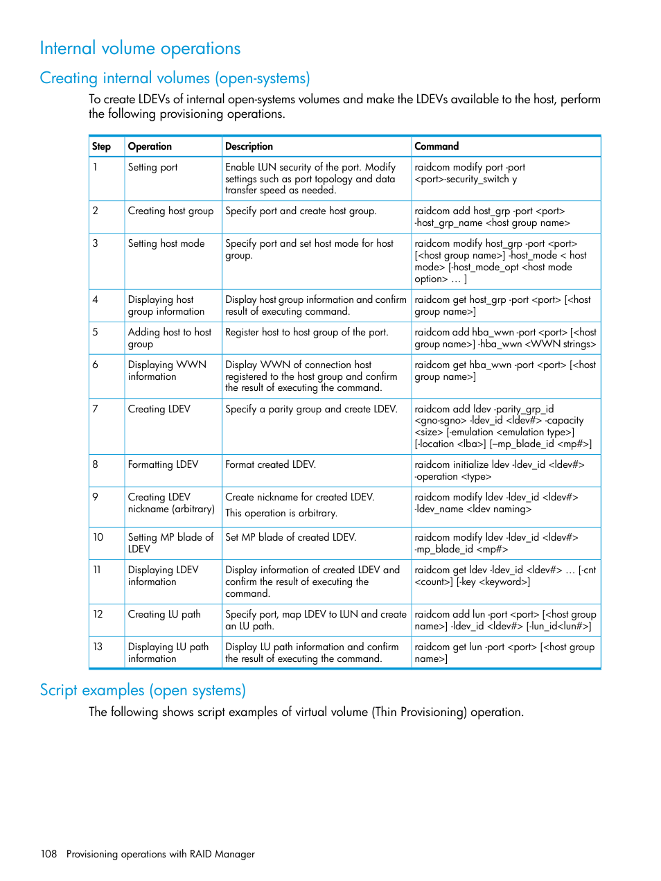 Internal volume operations, Creating internal volumes (open-systems), Script examples (open systems) | HP XP P9500 Storage User Manual | Page 108 / 211