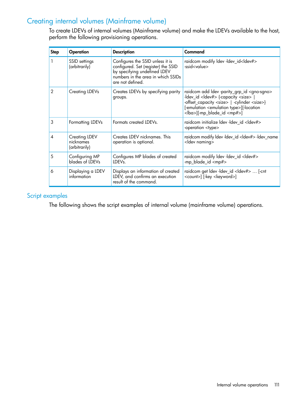 Creating internal volumes (mainframe volume), Script examples | HP XP P9500 Storage User Manual | Page 111 / 211