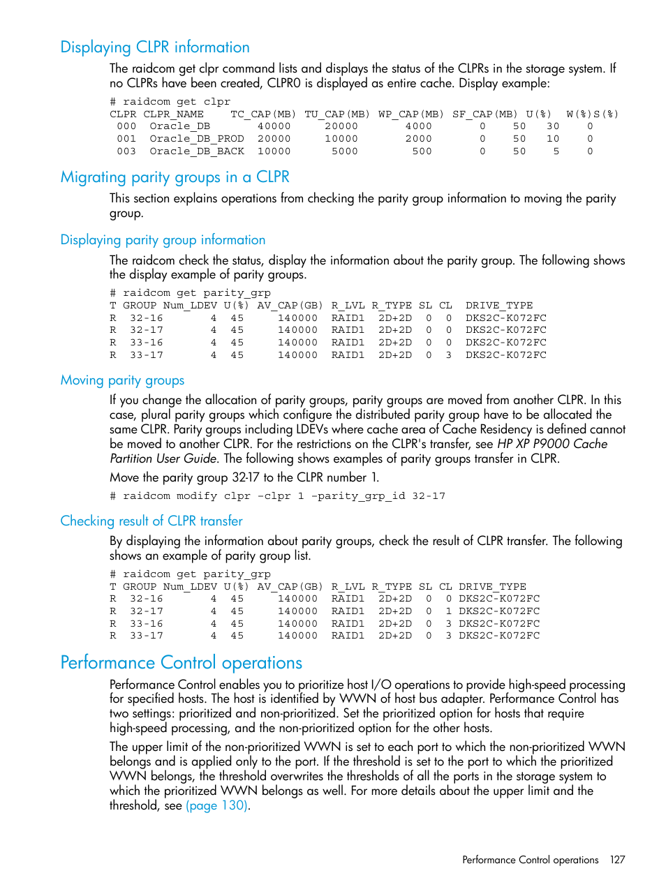 Displaying clpr information, Migrating parity groups in a clpr, Displaying parity group information | Moving parity groups, Checking result of clpr transfer, Performance control operations | HP XP P9500 Storage User Manual | Page 127 / 211