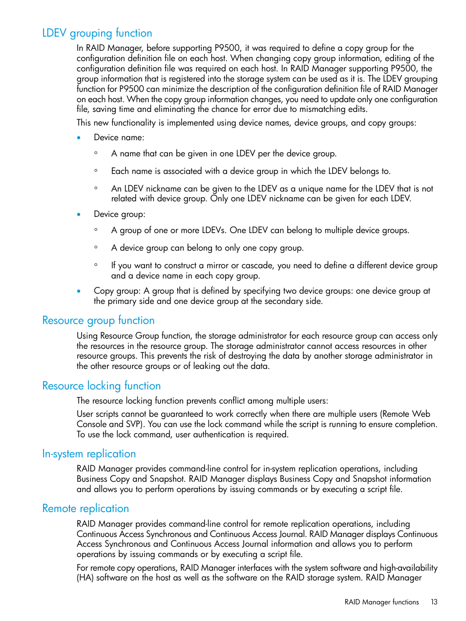 Ldev grouping function, Resource group function, Resource locking function | In-system replication, Remote replication | HP XP P9500 Storage User Manual | Page 13 / 211