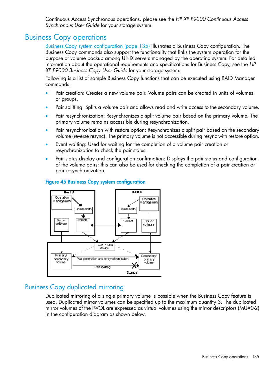 Business copy operations, Business copy duplicated mirroring | HP XP P9500 Storage User Manual | Page 135 / 211
