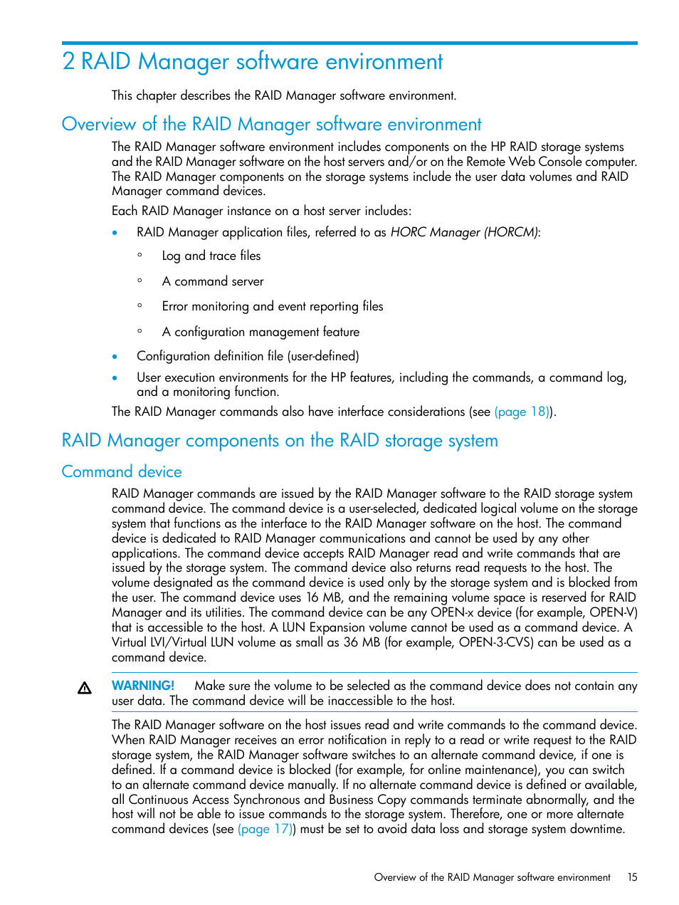 2 raid manager software environment, Overview of the raid manager software environment, Raid manager components on the raid storage system | Command device | HP XP P9500 Storage User Manual | Page 15 / 211