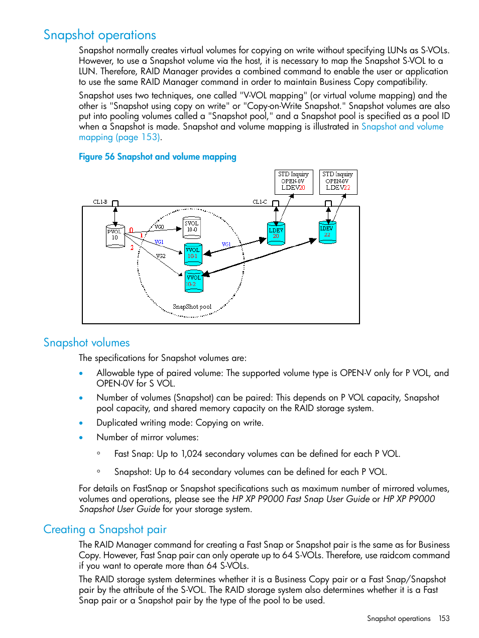 Snapshot operations, Snapshot volumes, Creating a snapshot pair | Snapshot volumes creating a snapshot pair | HP XP P9500 Storage User Manual | Page 153 / 211