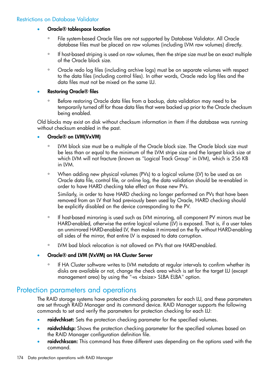 Restrictions on database validator, Protection parameters and operations | HP XP P9500 Storage User Manual | Page 174 / 211