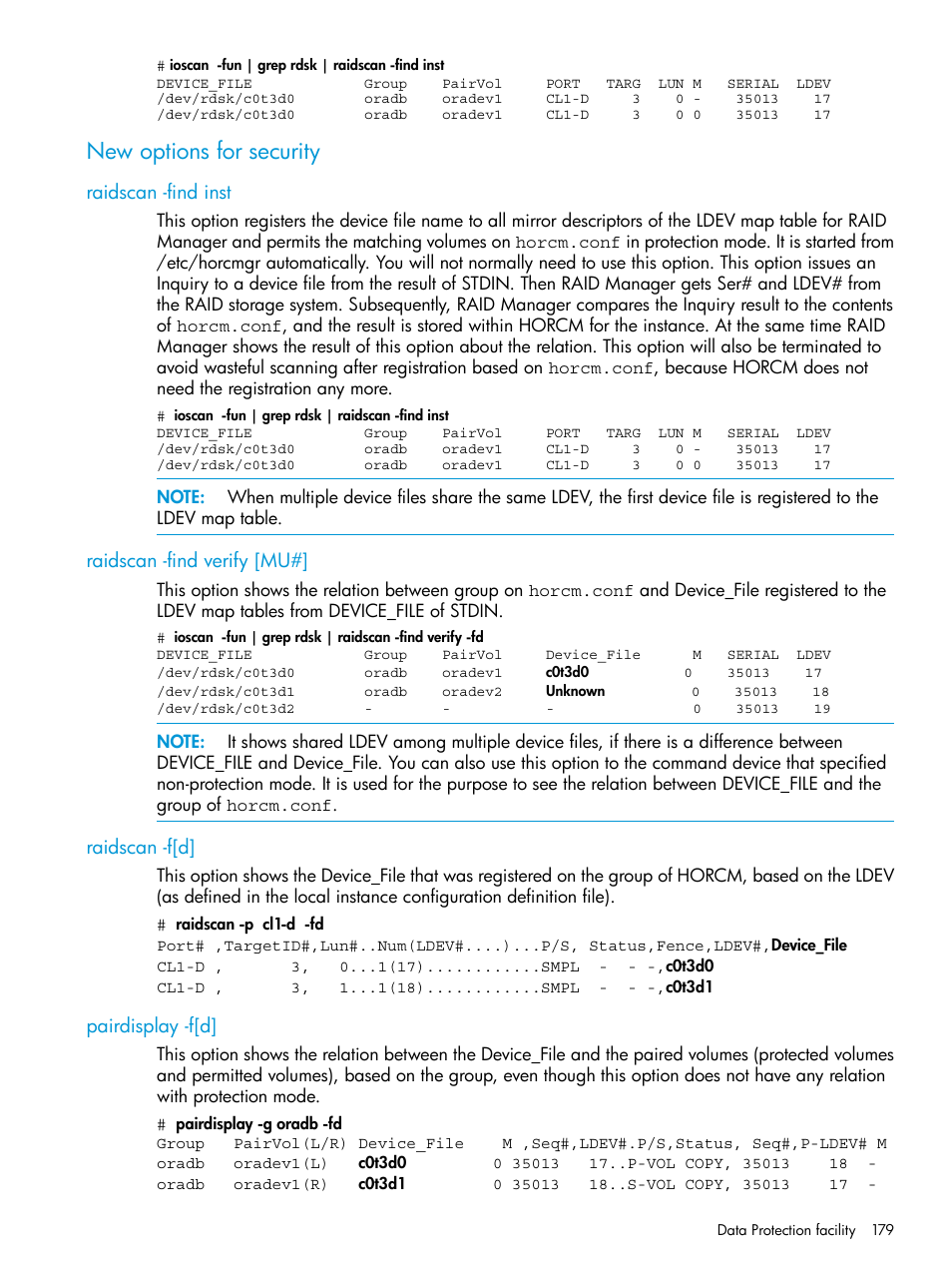 New options for security, Raidscan -find inst, Raidscan -find verify [mu | Raidscan -f[d, Pairdisplay -f[d | HP XP P9500 Storage User Manual | Page 179 / 211