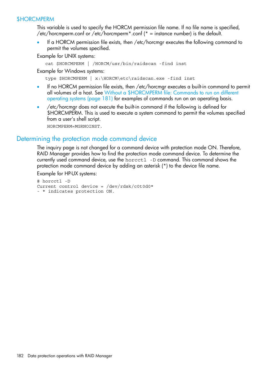 Horcmperm, Determining the protection mode command device | HP XP P9500 Storage User Manual | Page 182 / 211