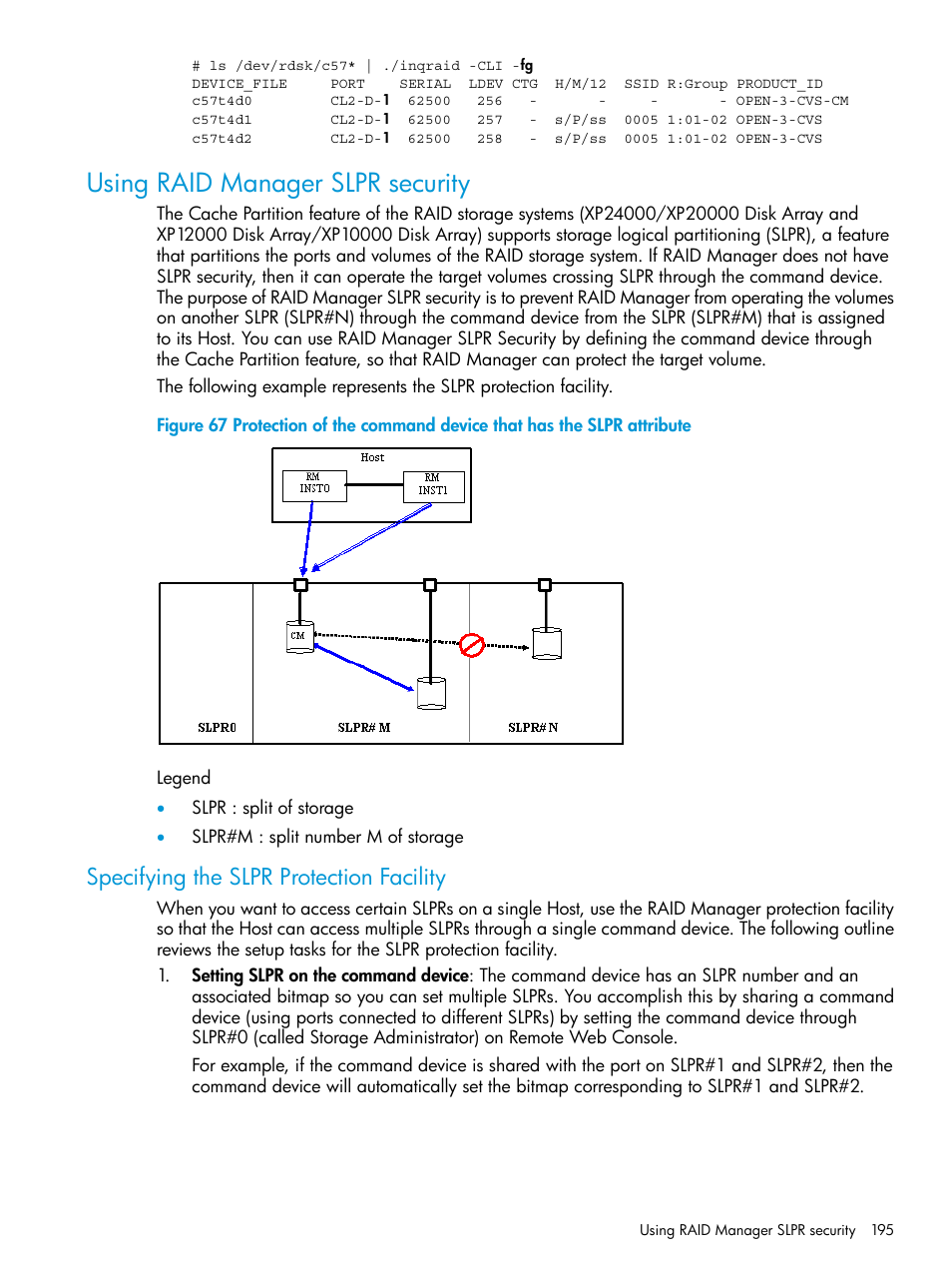 Using raid manager slpr security, Specifying the slpr protection facility | HP XP P9500 Storage User Manual | Page 195 / 211