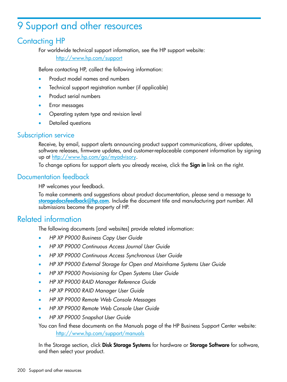 9 support and other resources, Contacting hp, Related information | Subscription service, Documentation feedback | HP XP P9500 Storage User Manual | Page 200 / 211