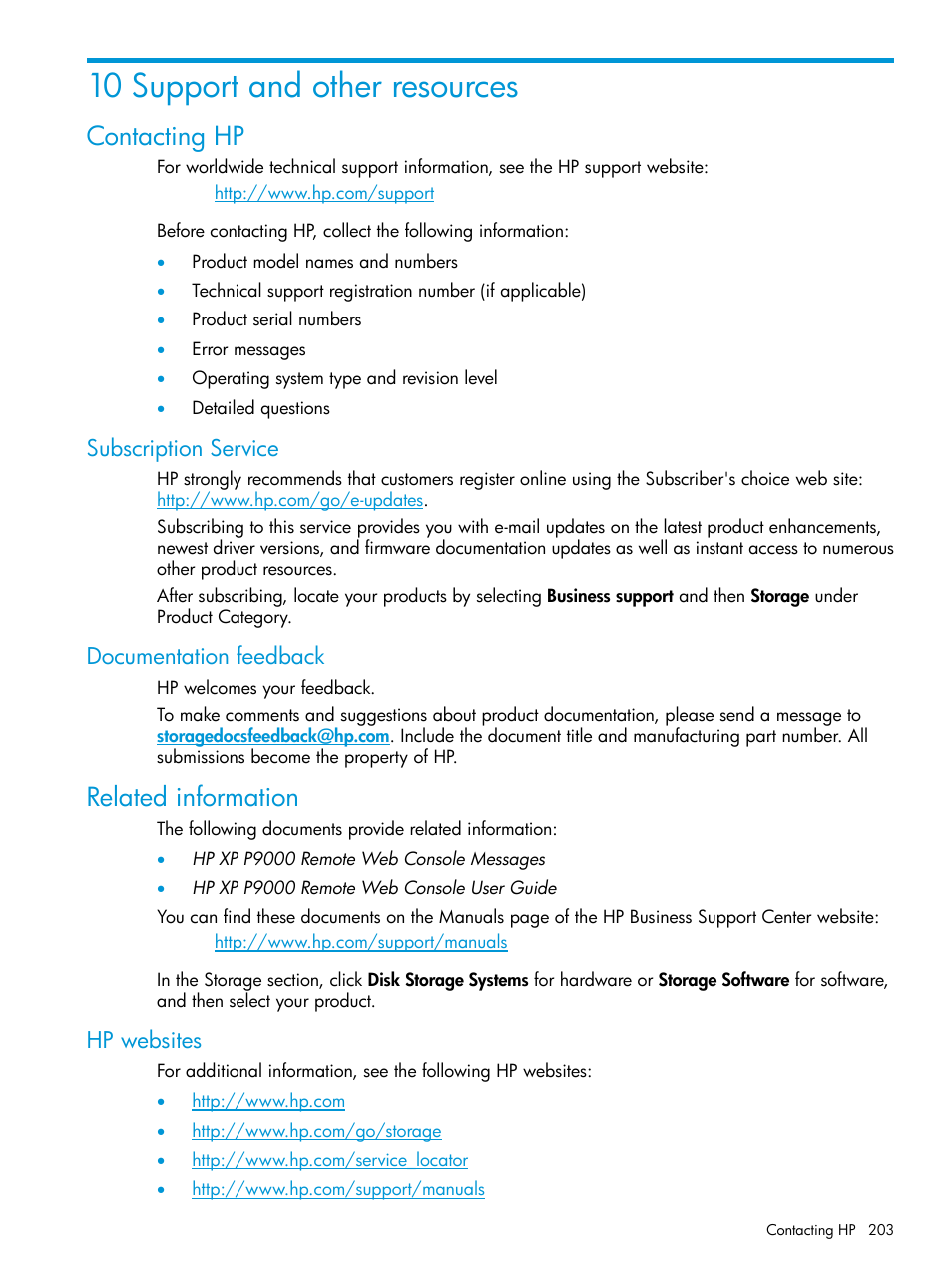 Contacting hp, Subscription service, Documentation feedback | Related information, Hp websites, 10 support and other resources, Subscription service documentation feedback | HP XP P9500 Storage User Manual | Page 203 / 211