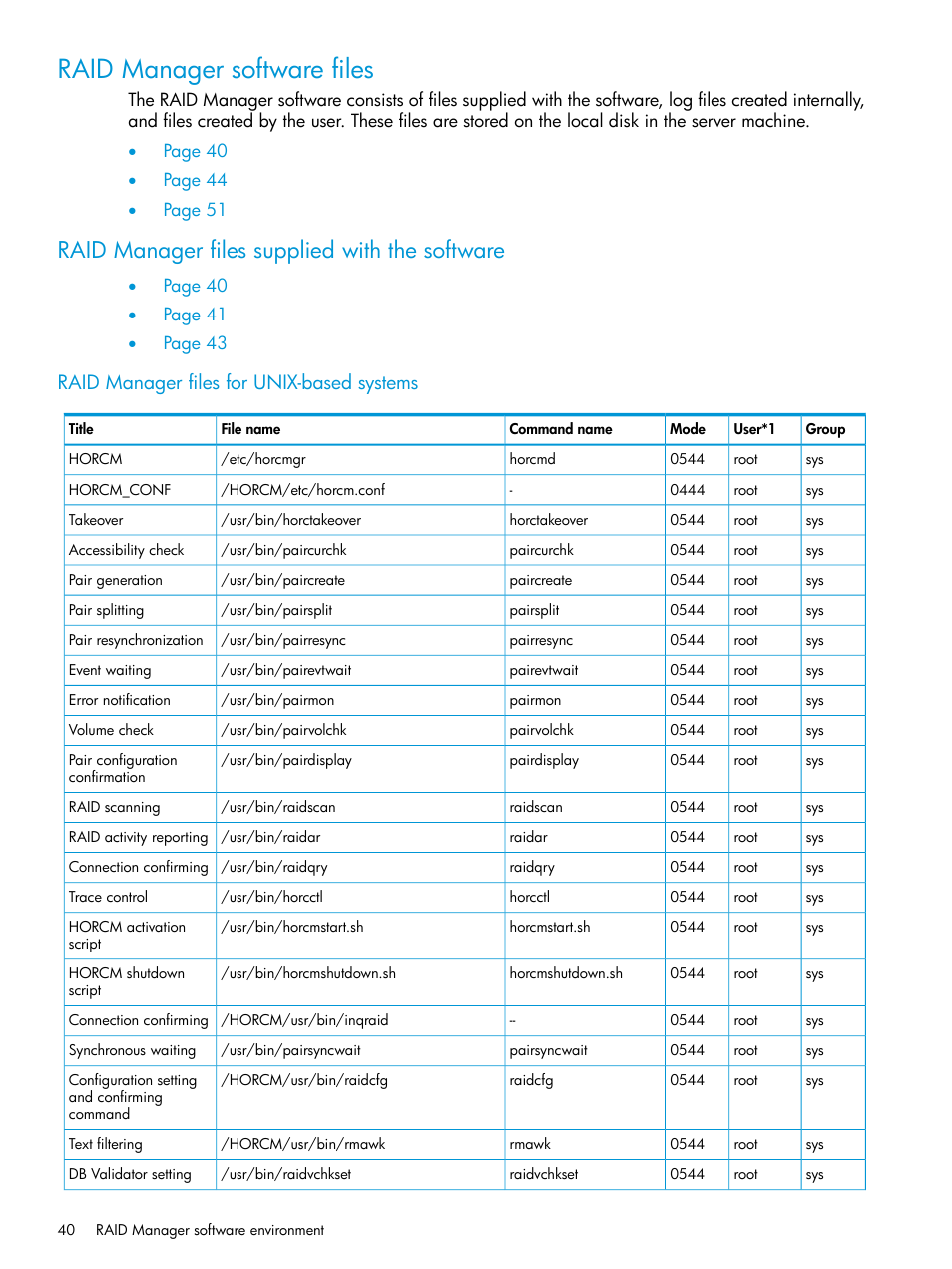 Raid manager software files, Raid manager files supplied with the software, Raid manager files for unix-based systems | HP XP P9500 Storage User Manual | Page 40 / 211