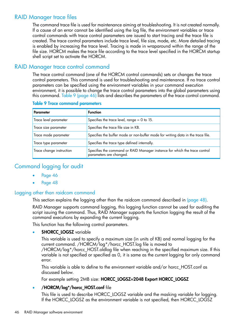 Raid manager trace files, Raid manager trace control command, Command logging for audit | Logging other than raidcom command | HP XP P9500 Storage User Manual | Page 46 / 211