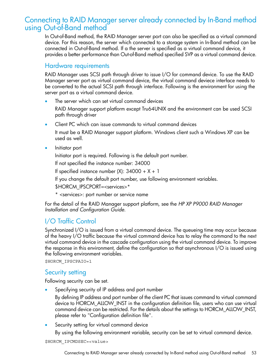 Hardware requirements, I/o traffic control, Security setting | HP XP P9500 Storage User Manual | Page 53 / 211