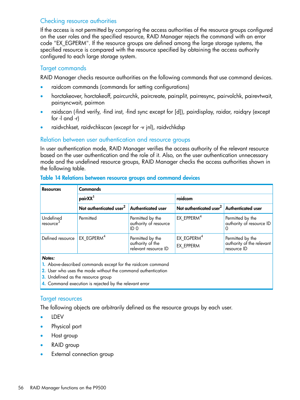 Checking resource authorities, Target commands, Target resources | HP XP P9500 Storage User Manual | Page 56 / 211