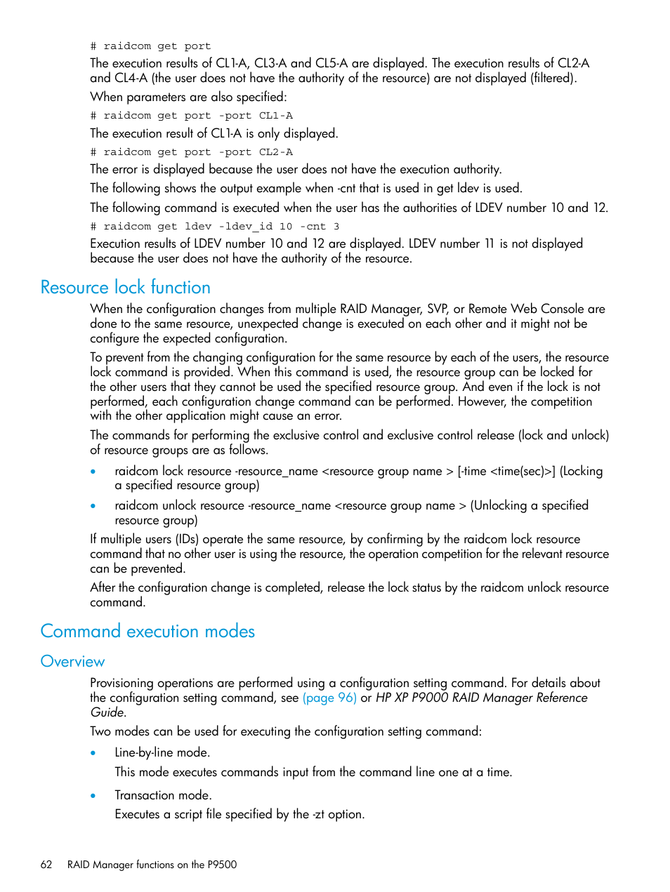 Resource lock function, Command execution modes, Overview | Resource lock function command execution modes | HP XP P9500 Storage User Manual | Page 62 / 211