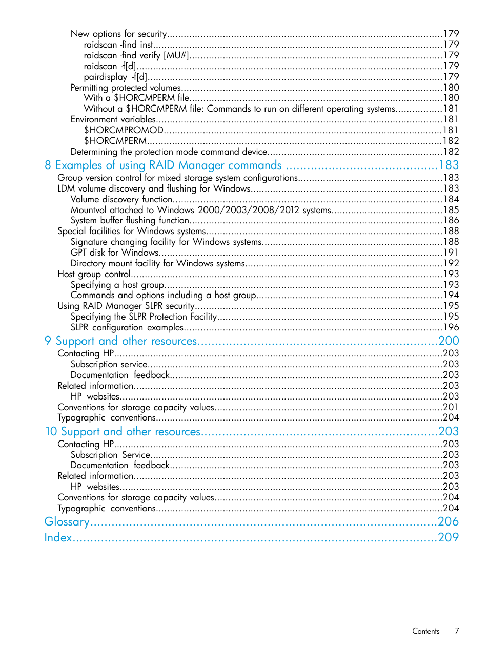 8 examples of using raid manager commands, 9 support and other resources, 10 support and other resources | Glossary index | HP XP P9500 Storage User Manual | Page 7 / 211