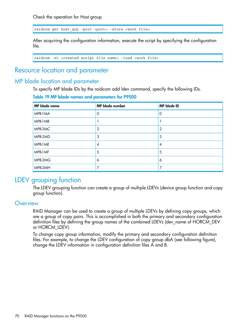 Resource location and parameter, Mp blade location and parameter, Ldev grouping function | Overview | HP XP P9500 Storage User Manual | Page 70 / 211