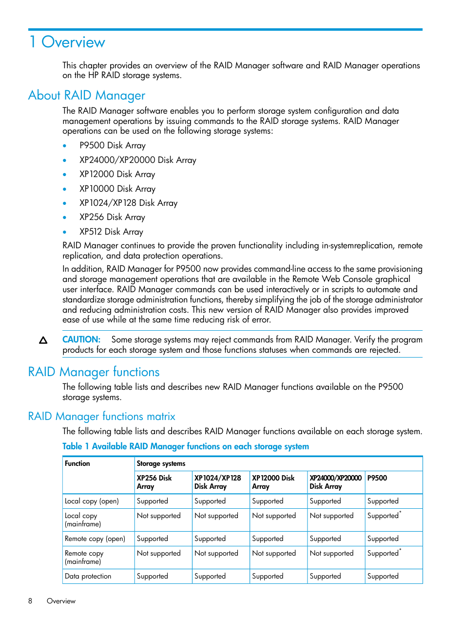 1 overview, About raid manager, Raid manager functions | Raid manager functions matrix, About raid manager raid manager functions | HP XP P9500 Storage User Manual | Page 8 / 211