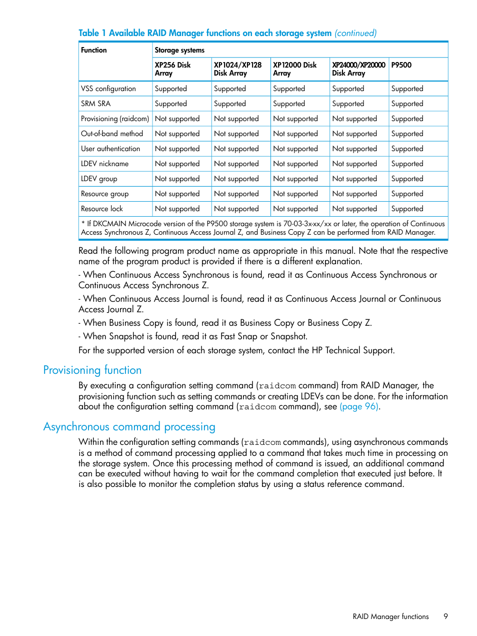 Provisioning function, Asynchronous command processing | HP XP P9500 Storage User Manual | Page 9 / 211