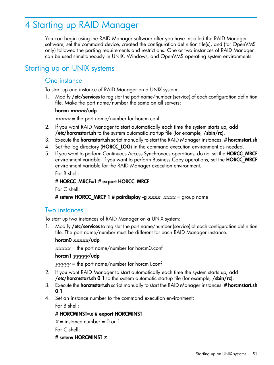4 starting up raid manager, Starting up on unix systems, One instance | Two instances | HP XP P9500 Storage User Manual | Page 91 / 211