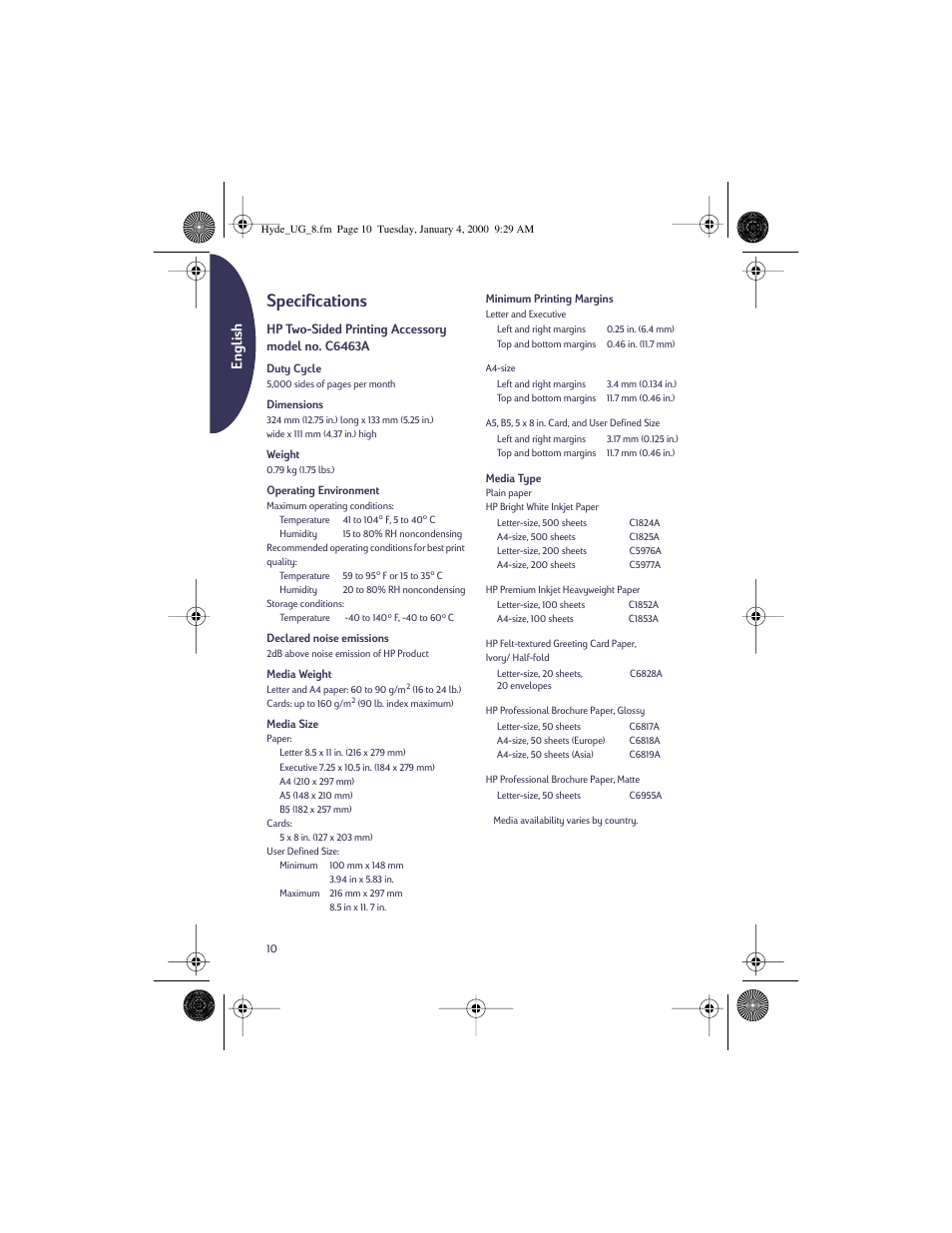 Specifications, Englishenglish, Hp two-sided printing accessory model no. c6463a | HP Deskjet 932c Printer User Manual | Page 10 / 96