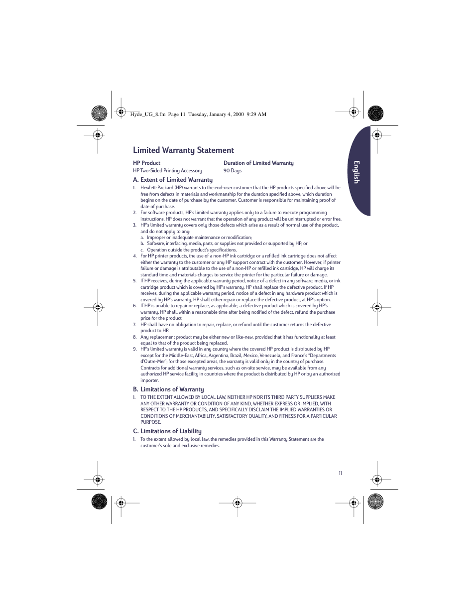 Limited warranty statement, English | HP Deskjet 932c Printer User Manual | Page 11 / 96