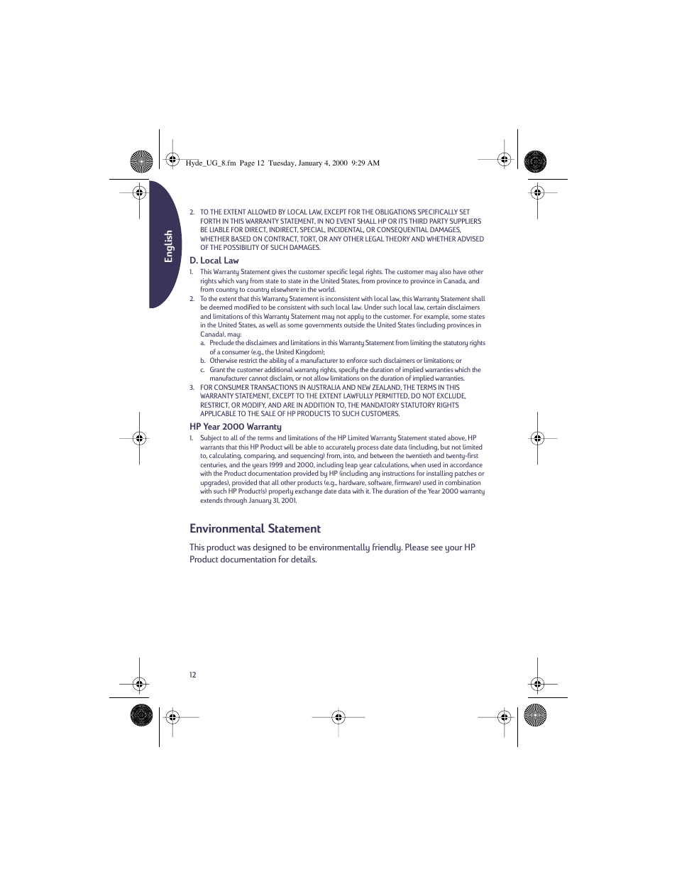 Environmental statement, English | HP Deskjet 932c Printer User Manual | Page 12 / 96