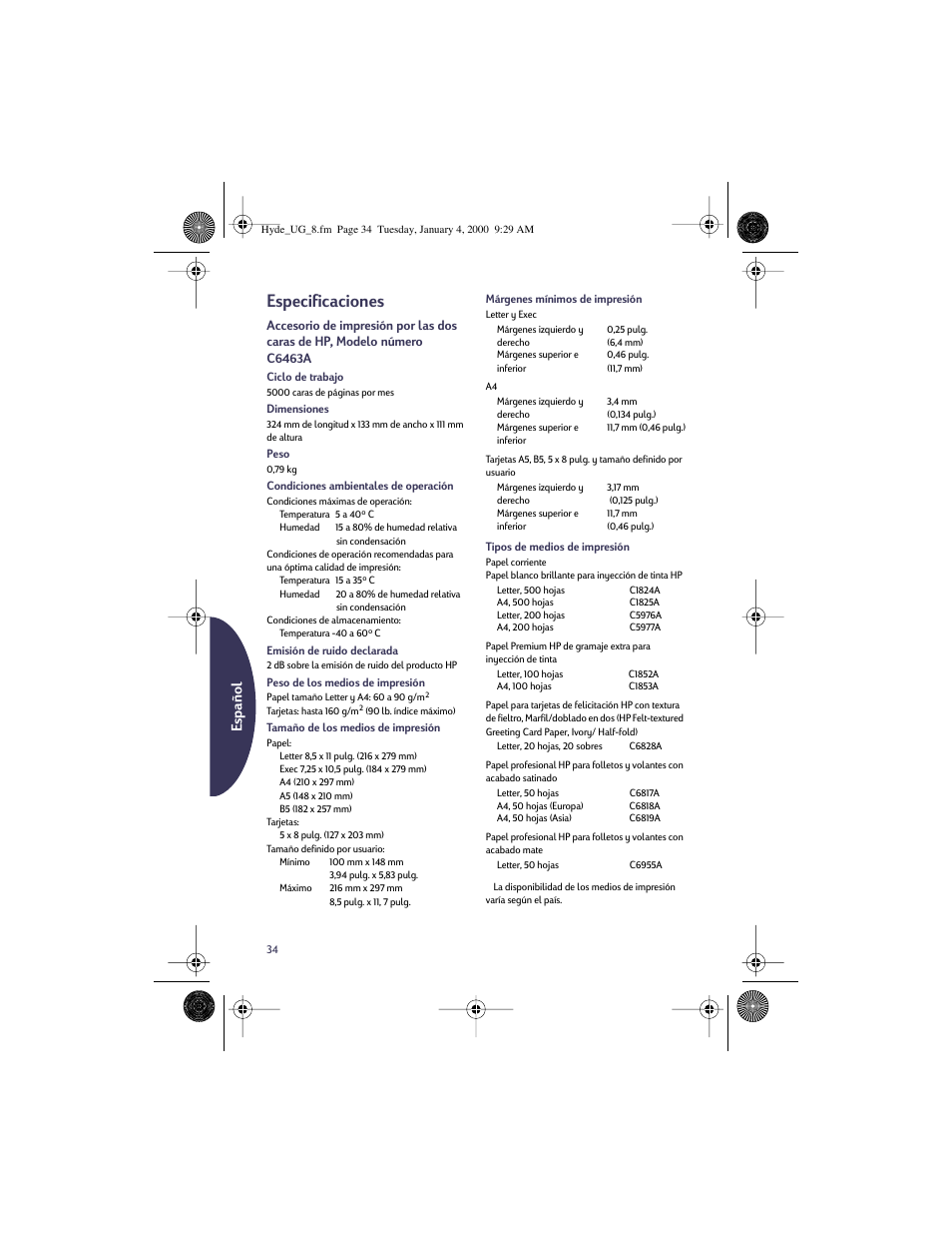 Especificaciones, Español | HP Deskjet 932c Printer User Manual | Page 34 / 96