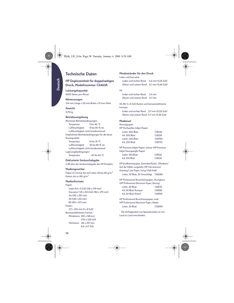 Technische daten, Deutschdeutsch | HP Deskjet 932c Printer User Manual | Page 58 / 96