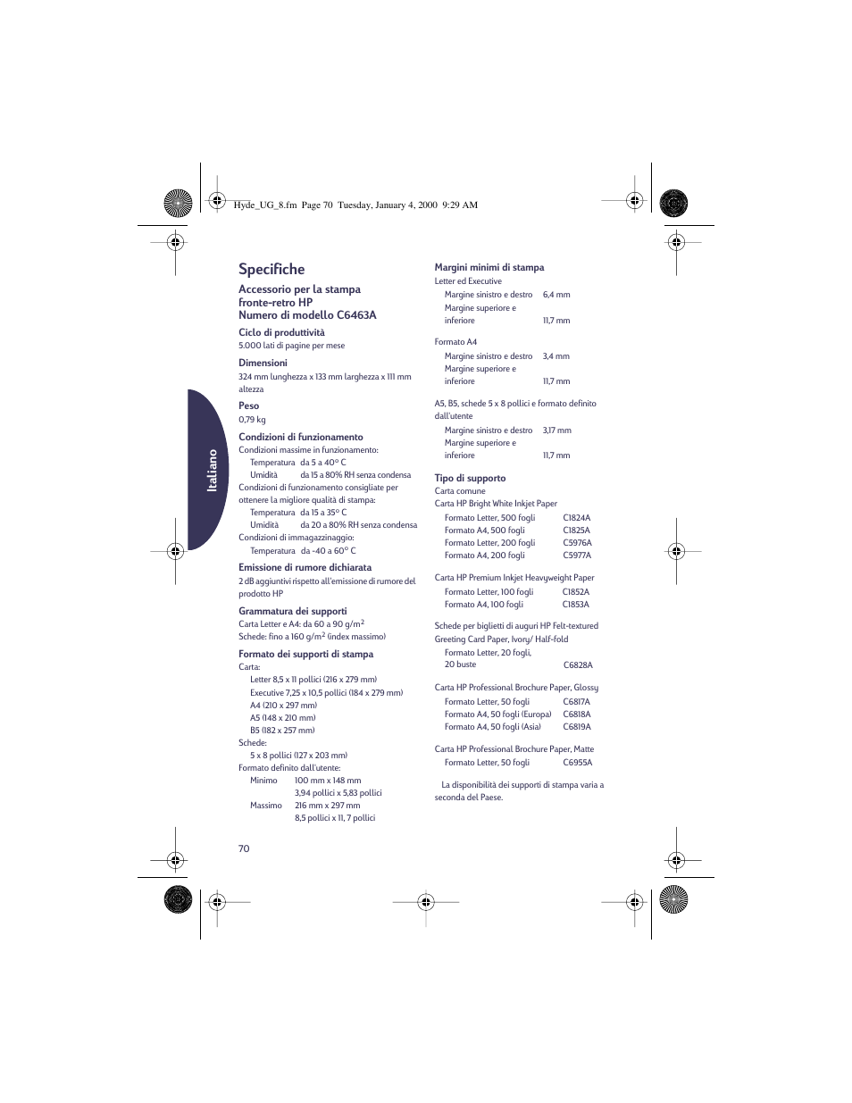 Specifiche, Italiano | HP Deskjet 932c Printer User Manual | Page 70 / 96