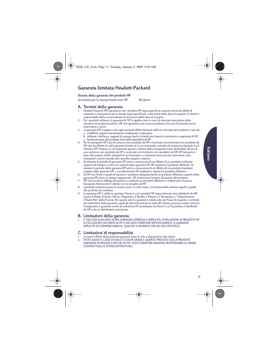 Garanzia limitata hewlett-packard, Italiano, A. termini della garanzia | B. limitazioni della garanzia, C. limitazioni di responsabilità | HP Deskjet 932c Printer User Manual | Page 71 / 96