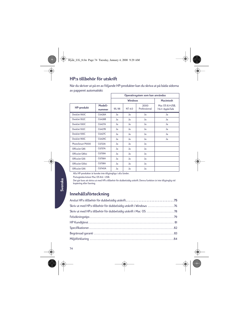 Hp:s tillbehör för utskrift, Innehållsförteckning, Svensk a | HP Deskjet 932c Printer User Manual | Page 74 / 96