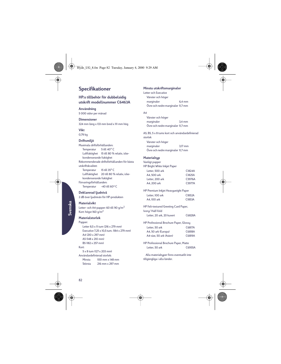Specifikationer, Svensk a | HP Deskjet 932c Printer User Manual | Page 82 / 96